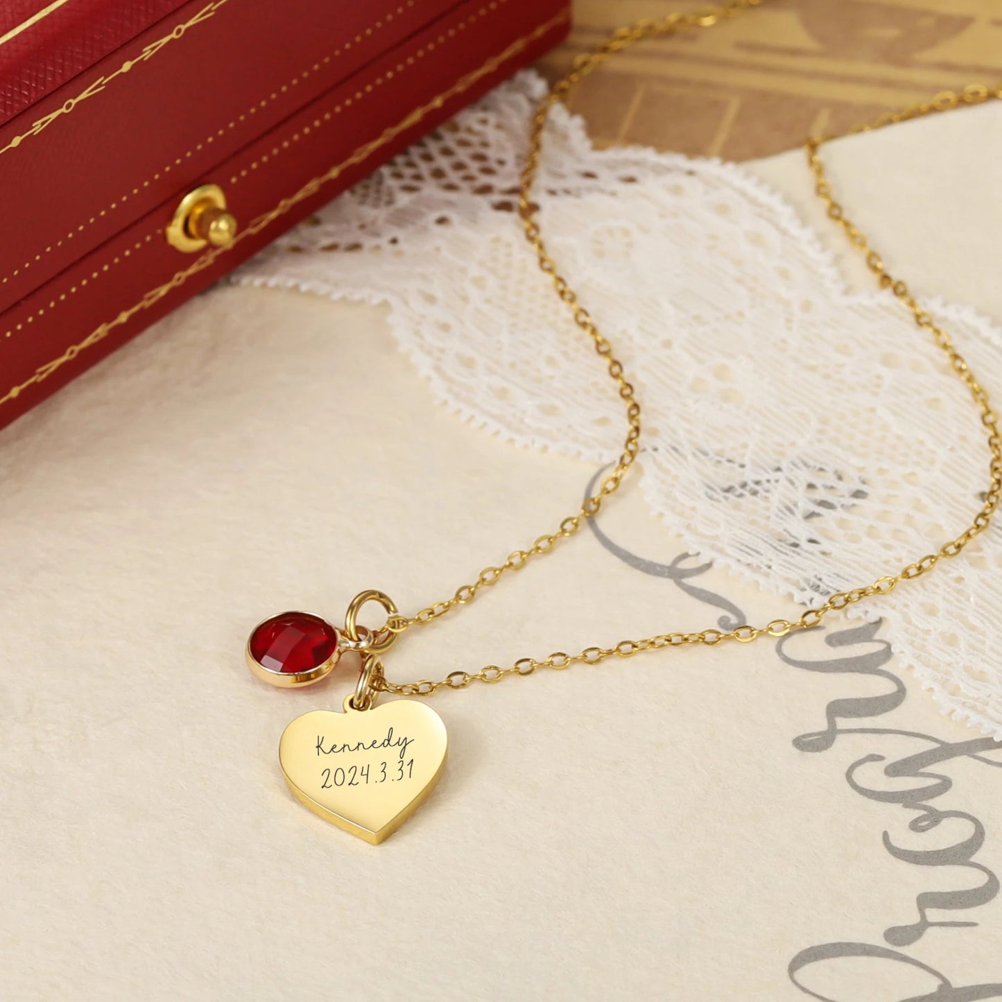 Everlasting Rose Heart Necklace with Birthstone Charm