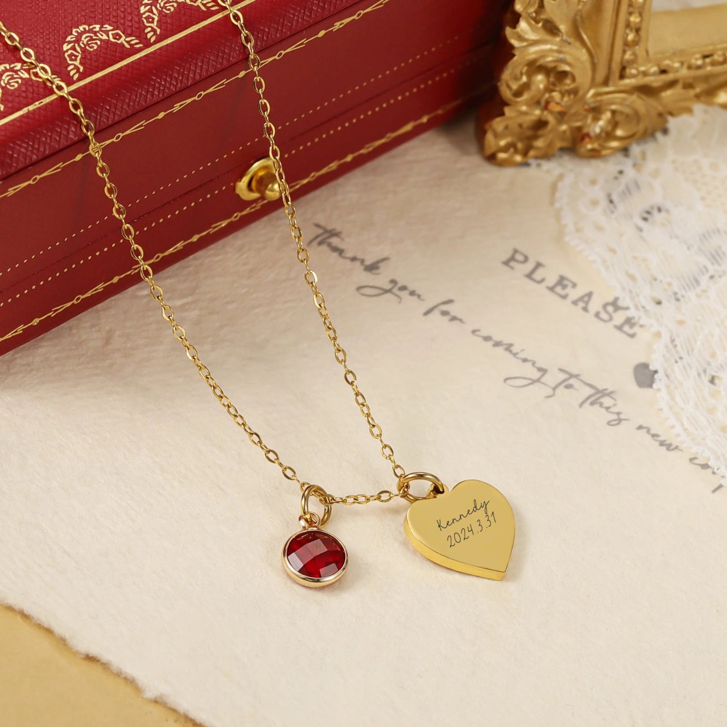 Everlasting Rose Heart Necklace with Birthstone Charm